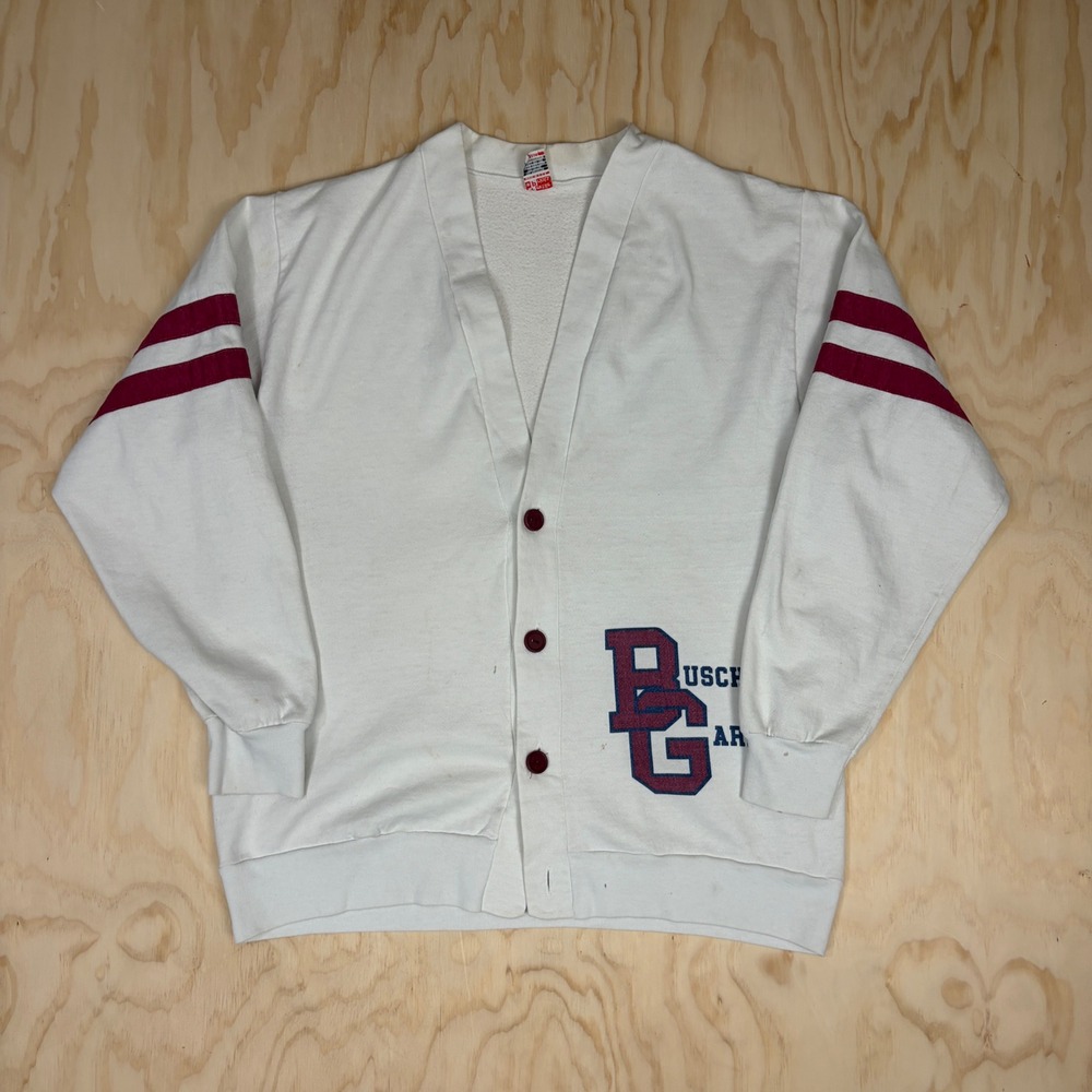 Vintage Busch Gardens Cardigan Sweatshirt White Varsity Stripe XL USA Made